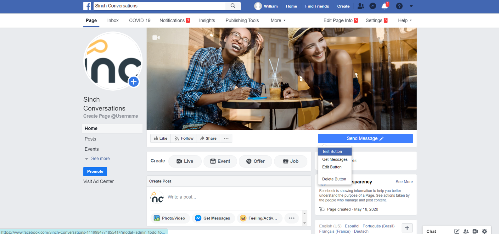 Facebook test send message button