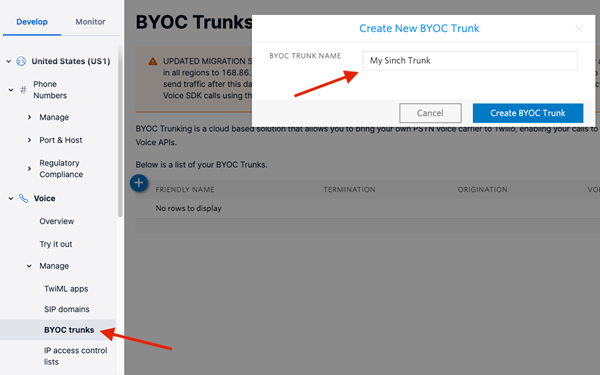 create new byoc trunk